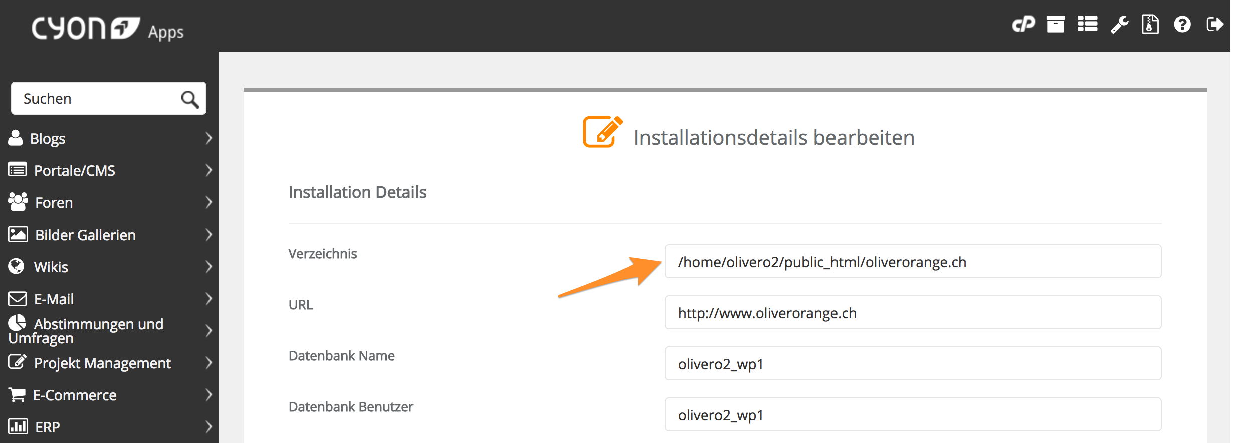 Einstellungen Ihrer Installation unter cyon-Apps