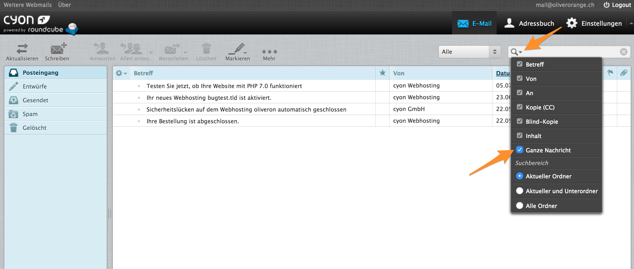 Suchoptionen im Webmail