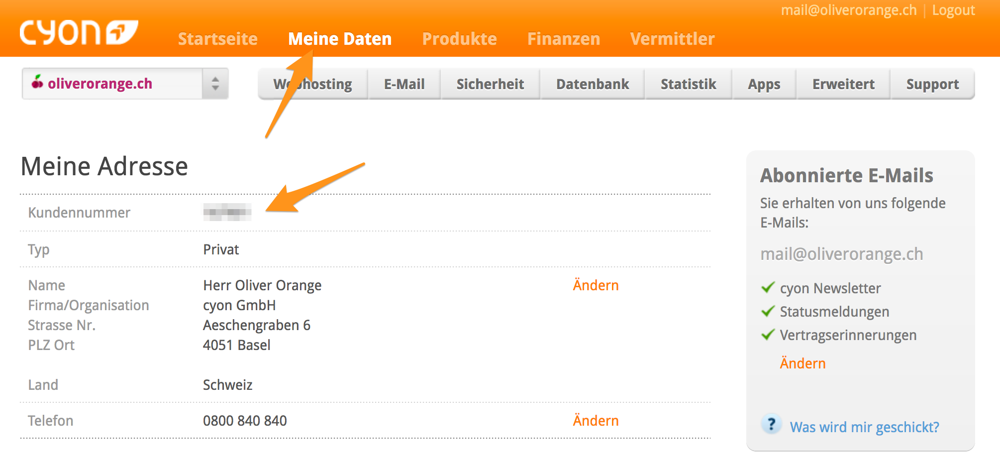 Menü «Meine Daten» im my.cyon