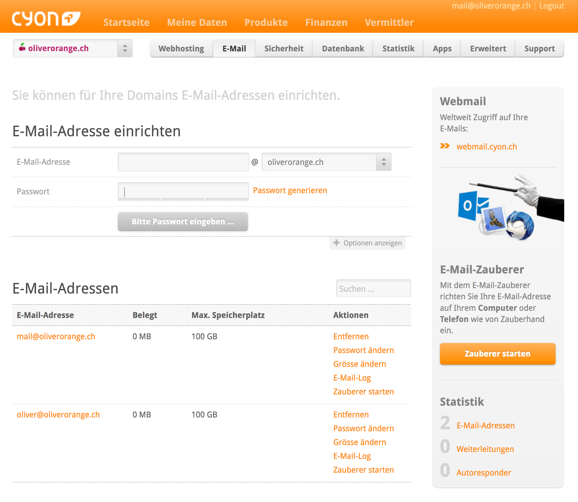 Die seite "e-mail"> "E-Mail-Adressen verwalten" im my.cyon