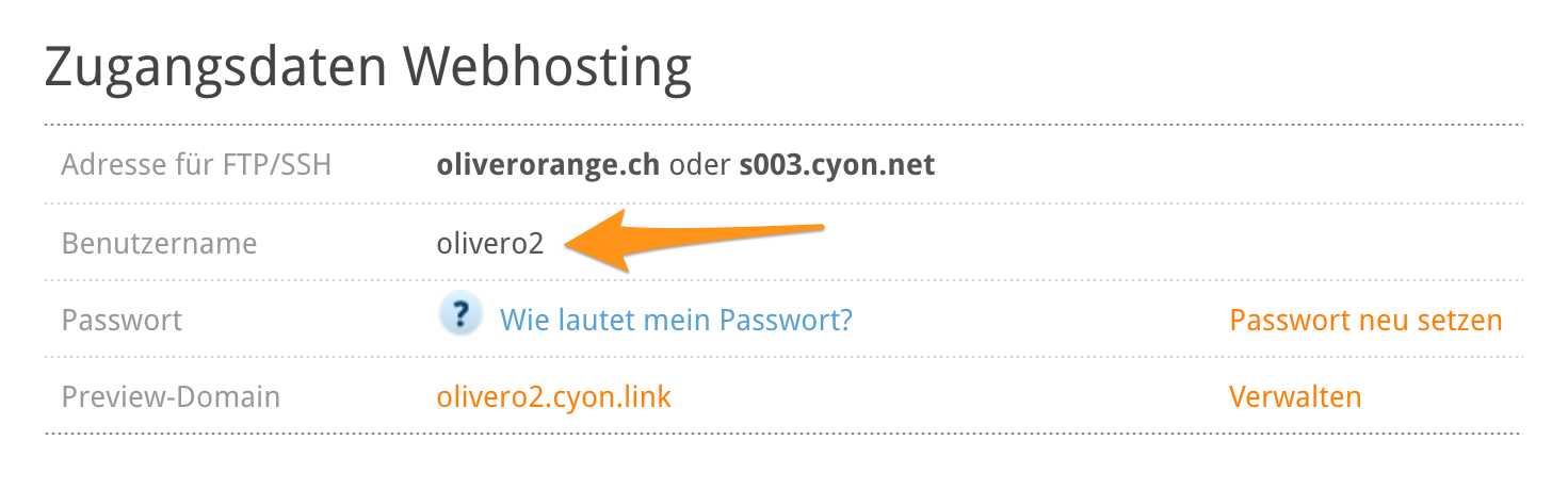 Abschnitt «Zugangsdaten Webhosting» im my.cyon unter «Übersicht»