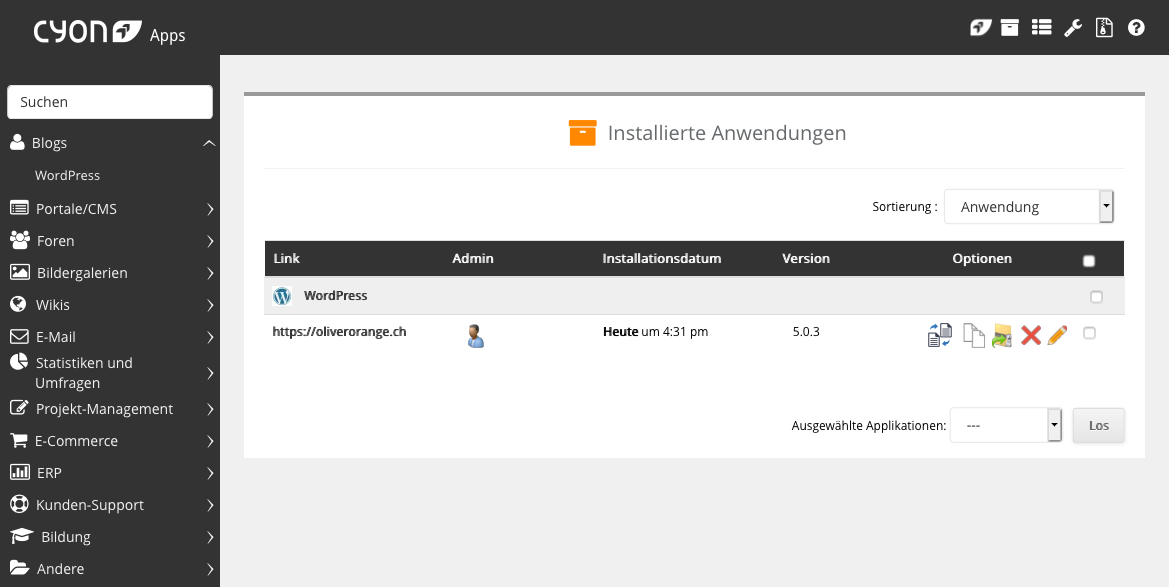 Die Seite "Apps" im my.cyon