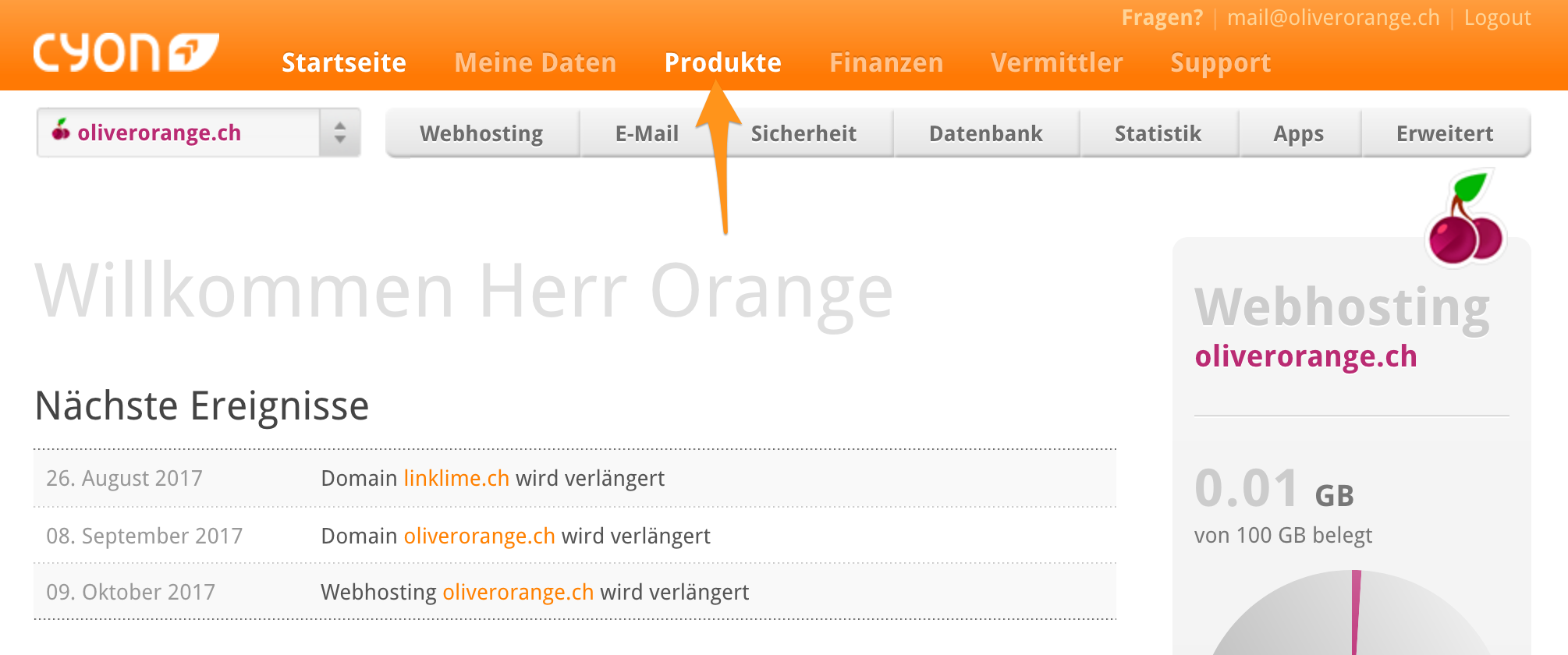 Menü «Produkte» im my.cyon