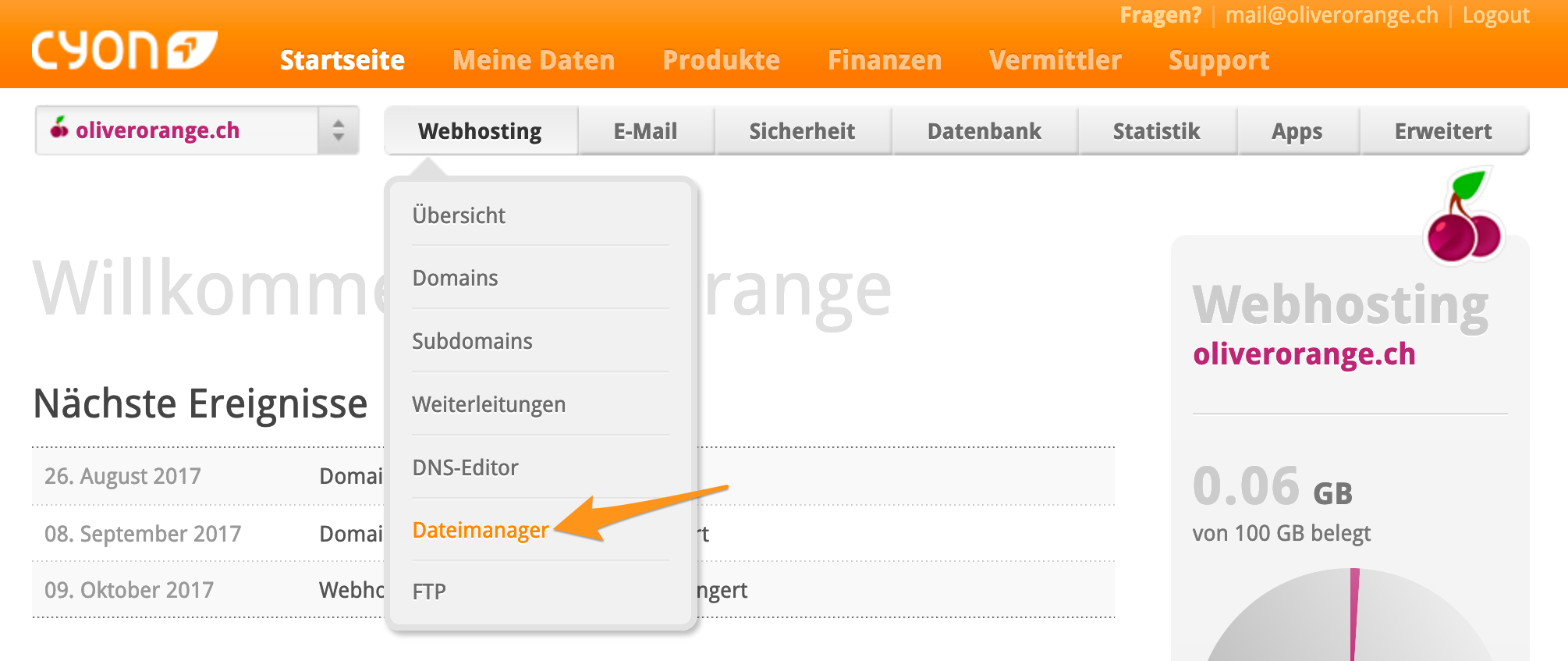 Menü «Dateimanager» im my.cyon