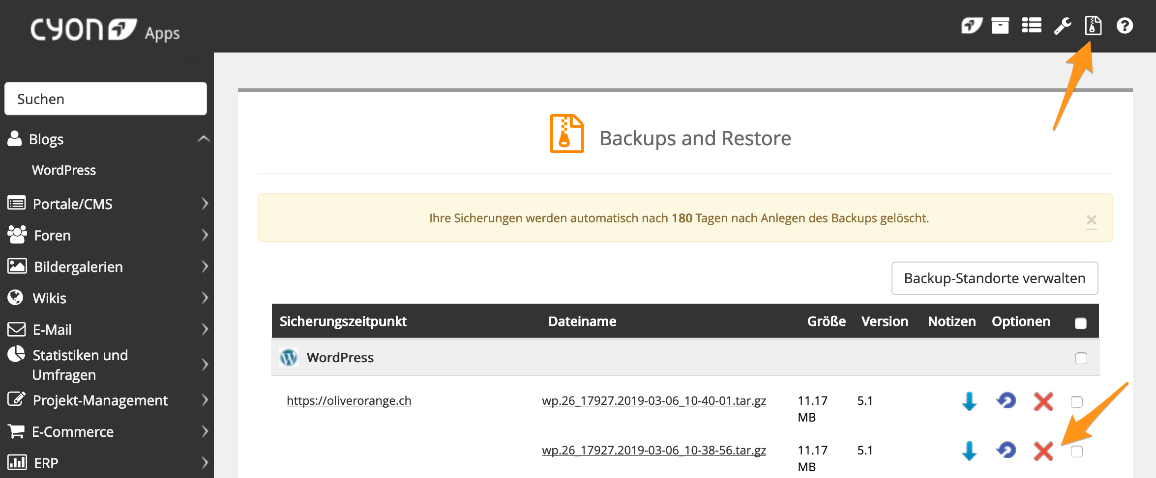Seite «Sichern und Wiederherstellen» in Apps
