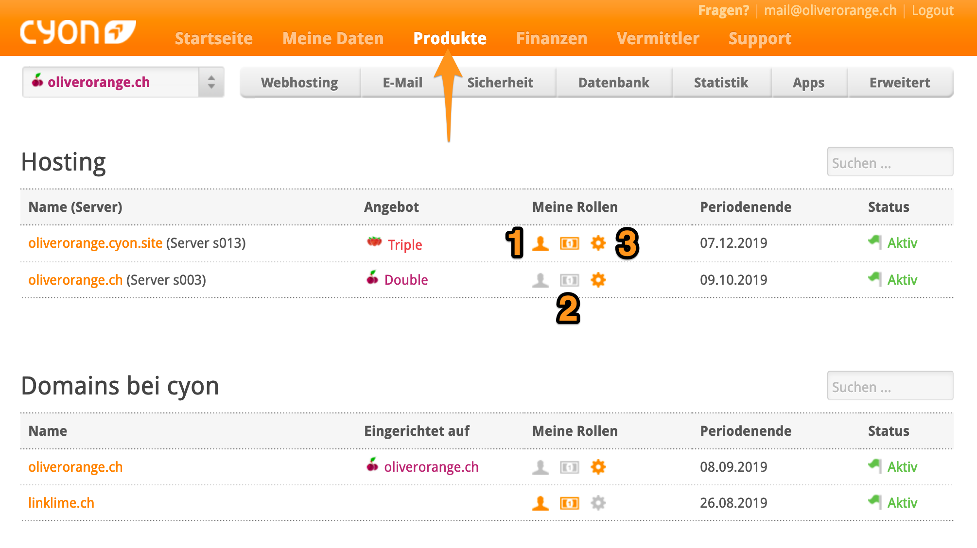 Menü «Produkte» im my.cyon