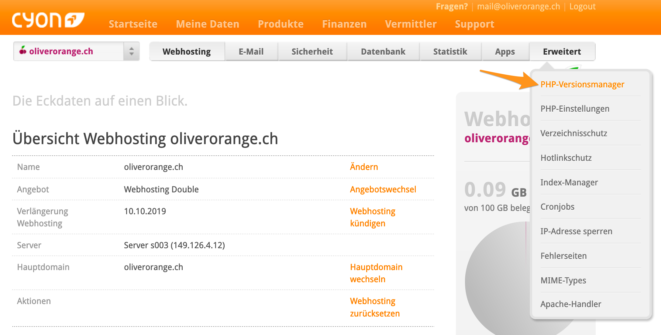 Menü «PHP-Versionsmanager» im my.cyon Menü «PHP-Versionsmanager» im my.cyon