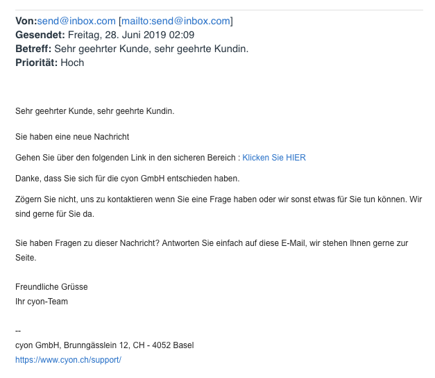 Phishing-E-Mail, welche auf eine gefälschte my.cyon-Login-Seite leitet