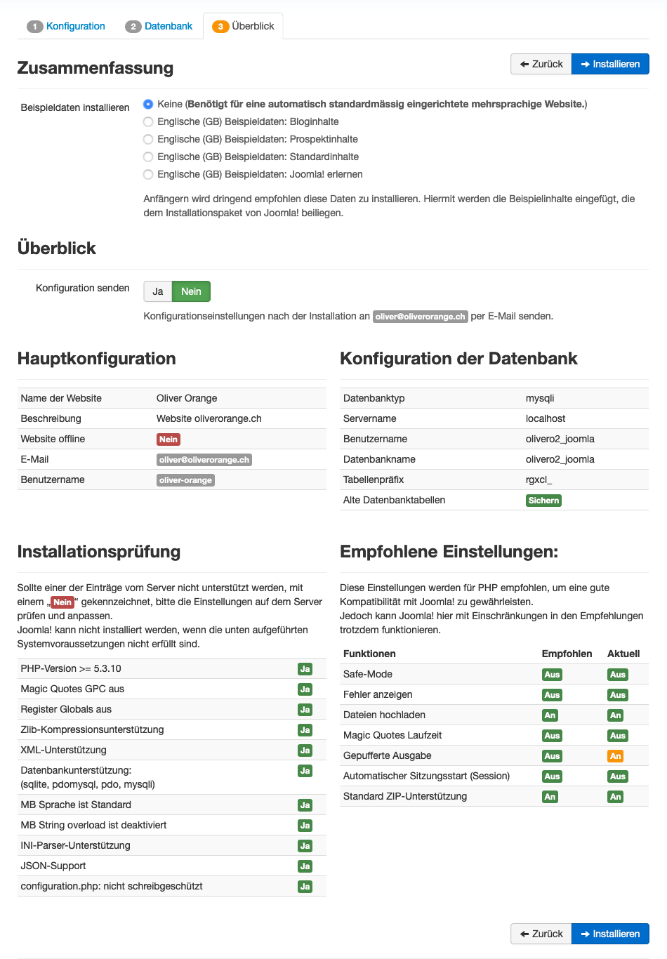 Zusammenfassung der Joomla Installation