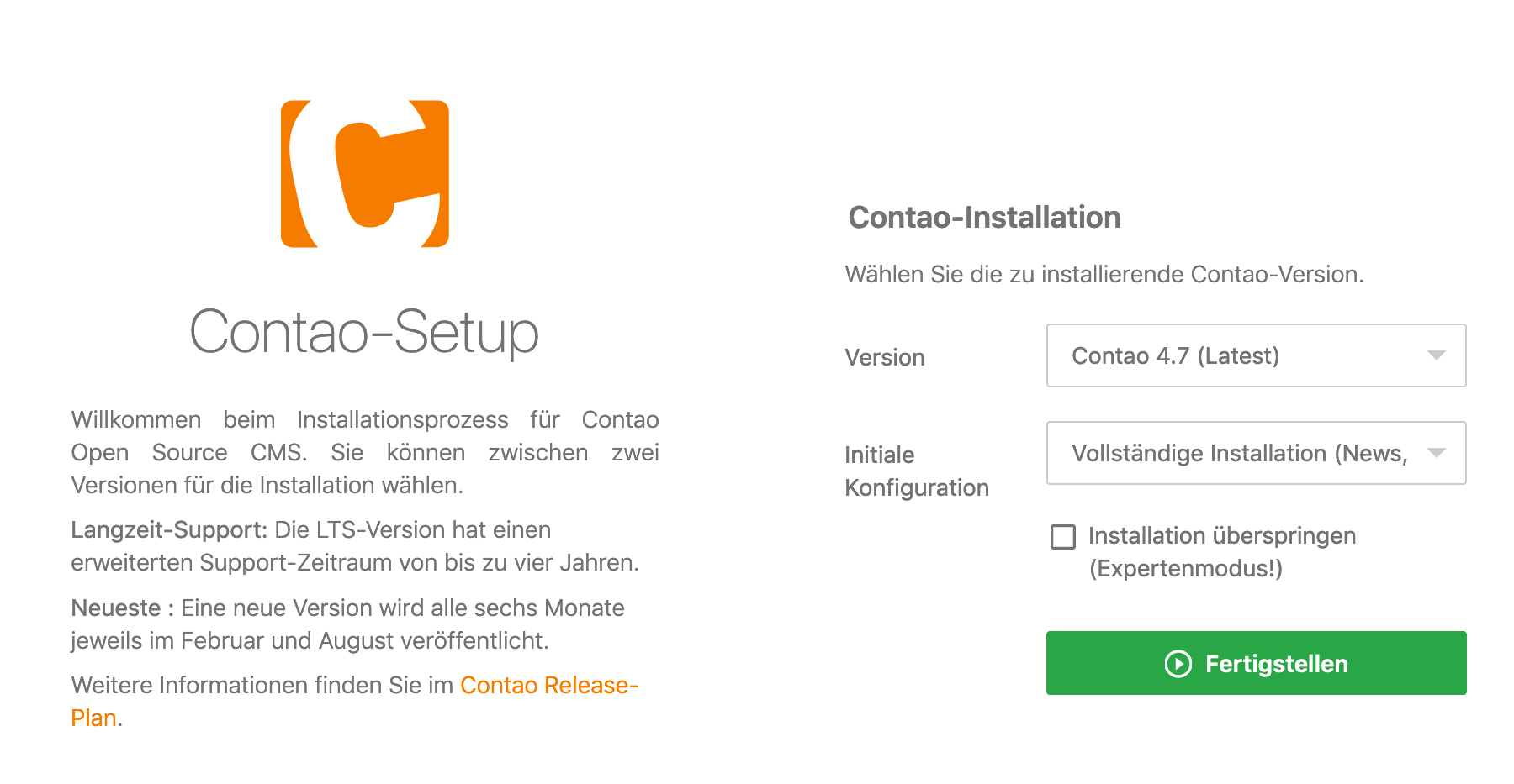 Contao Version und Konfiguration wählen