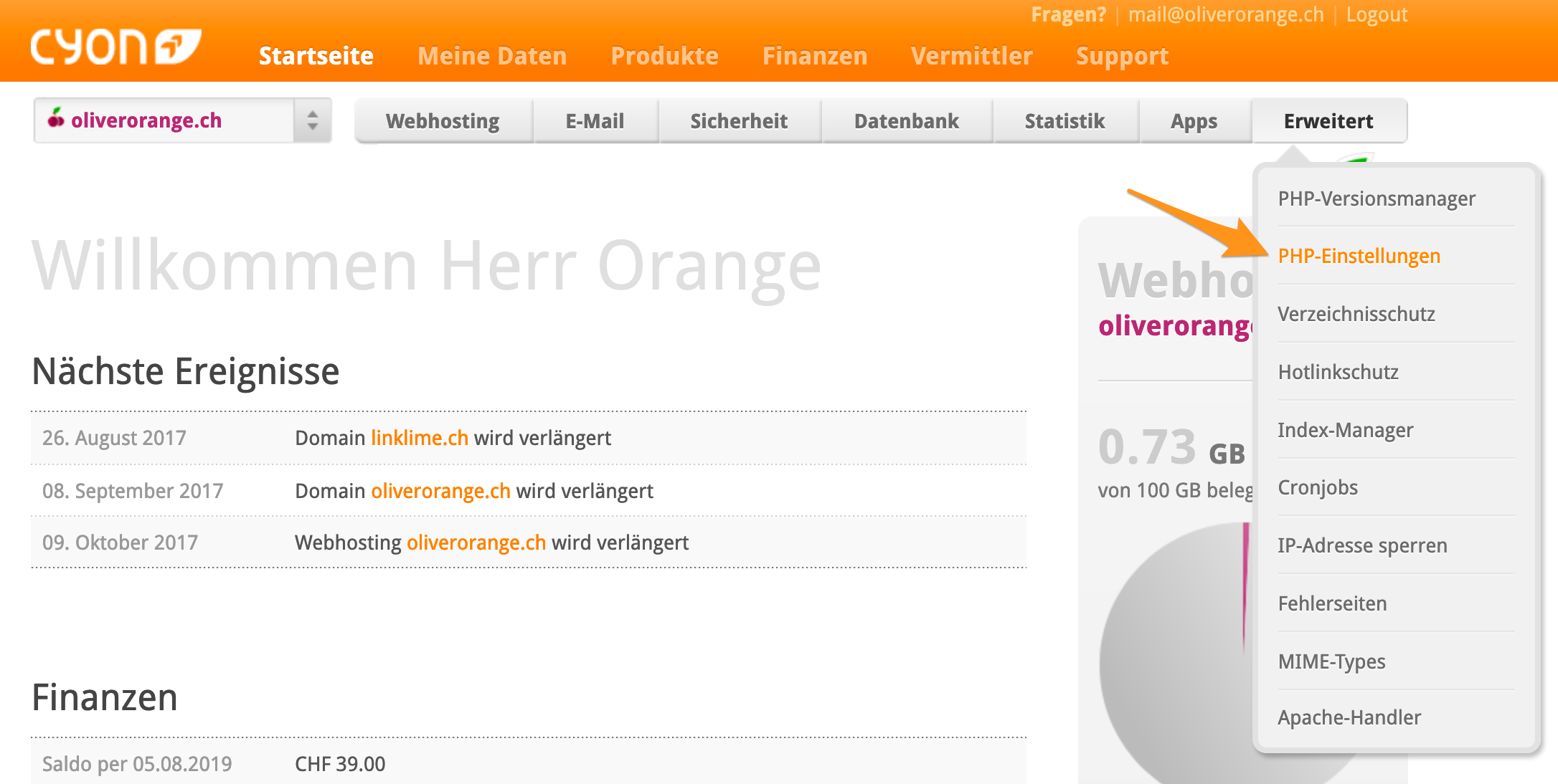 Menü «PHP-Einstellungen» im my.cyon