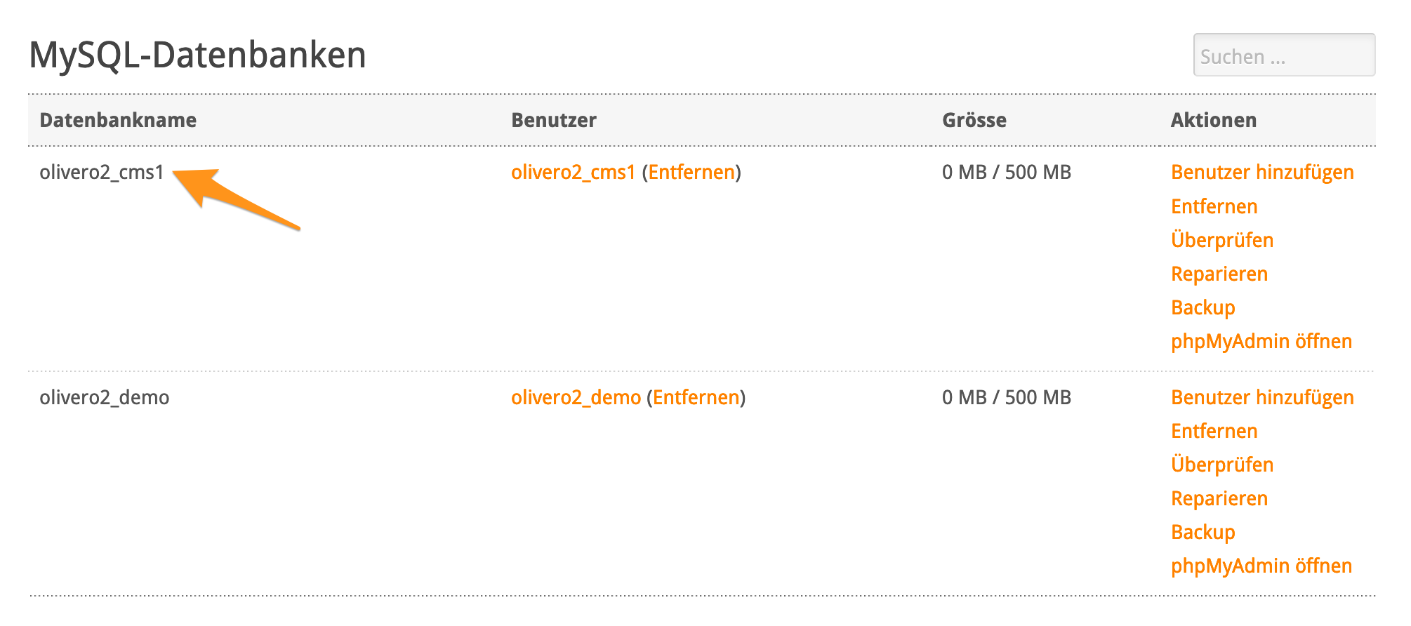 Vorhandene MySQL-Datenbanken