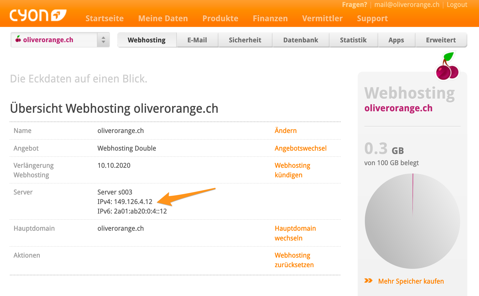 Die IP-Adresse Ihres Webhositngs im my.cyon