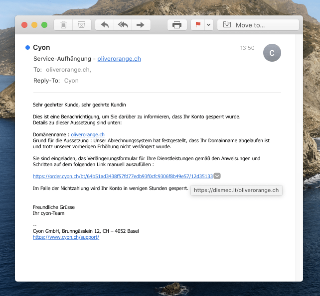Phishing-Mail im Namen von cyon, 21.04.2020 alt text