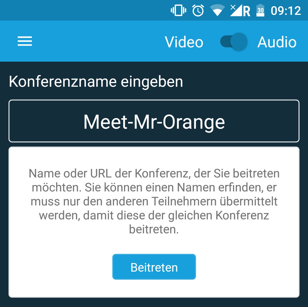 Vergeben Sie einen Konferenznamen auf der Startseite der Jitsi-App