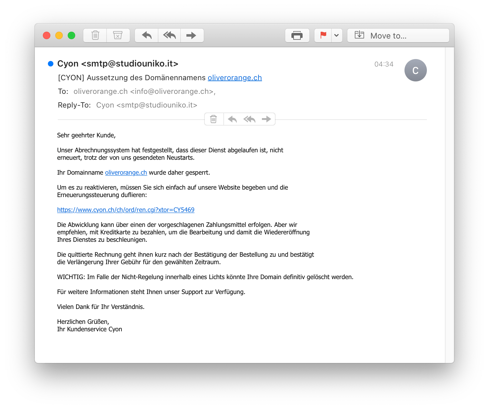 Phishing-Mail im Namen von cyon, 07.09.2020 alt text