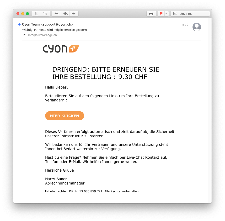 Phishing-Mail im Namen von cyon, 28.12.2020 alt text