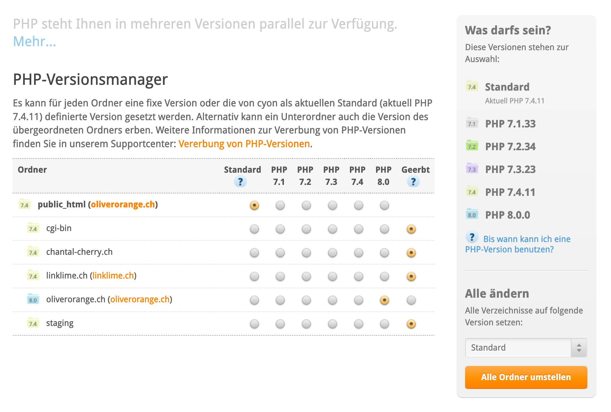 PHP-Versionsmanager im my.cyon