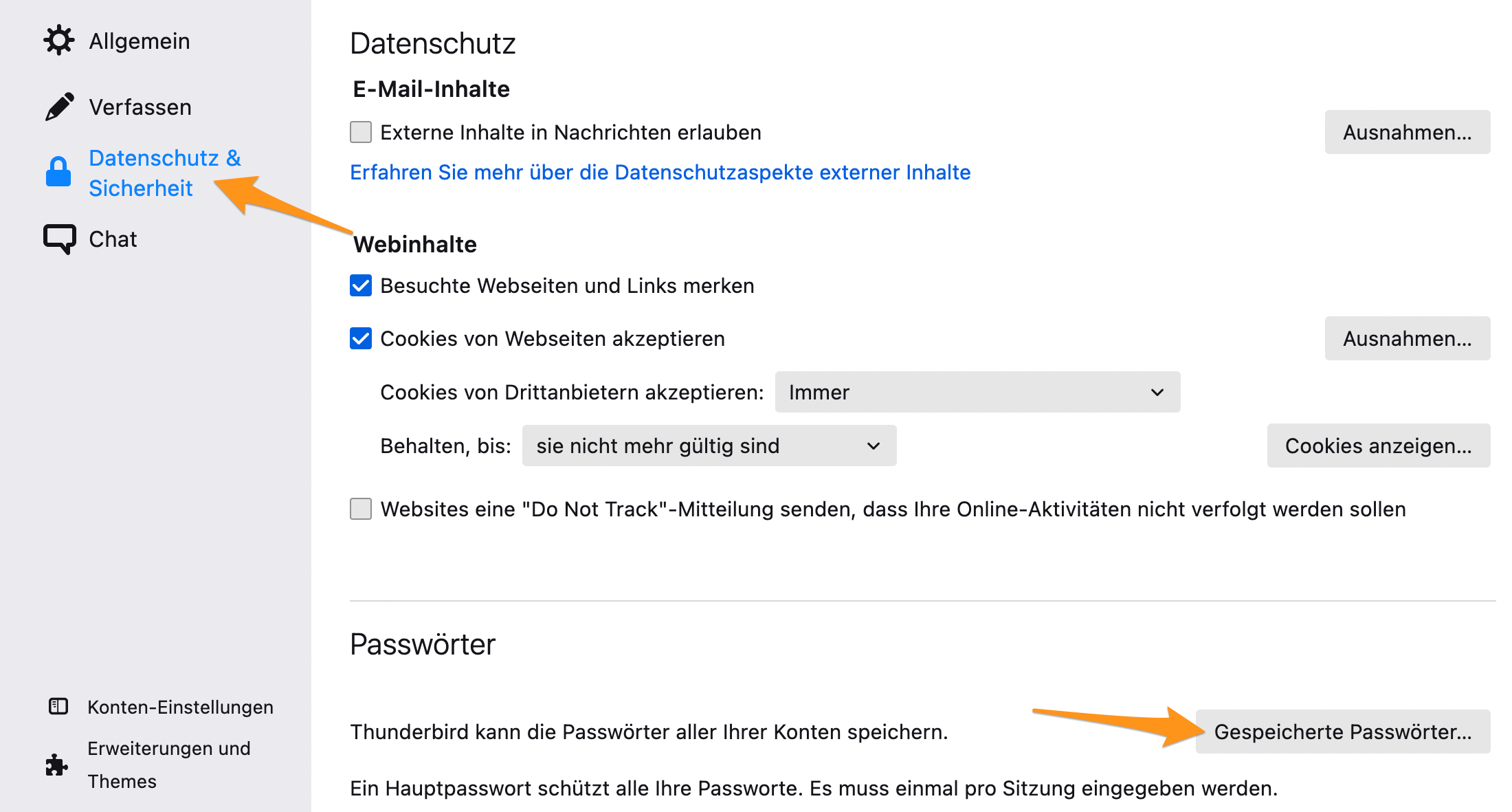 Sicherheits-Einstellungen im Thunderbird