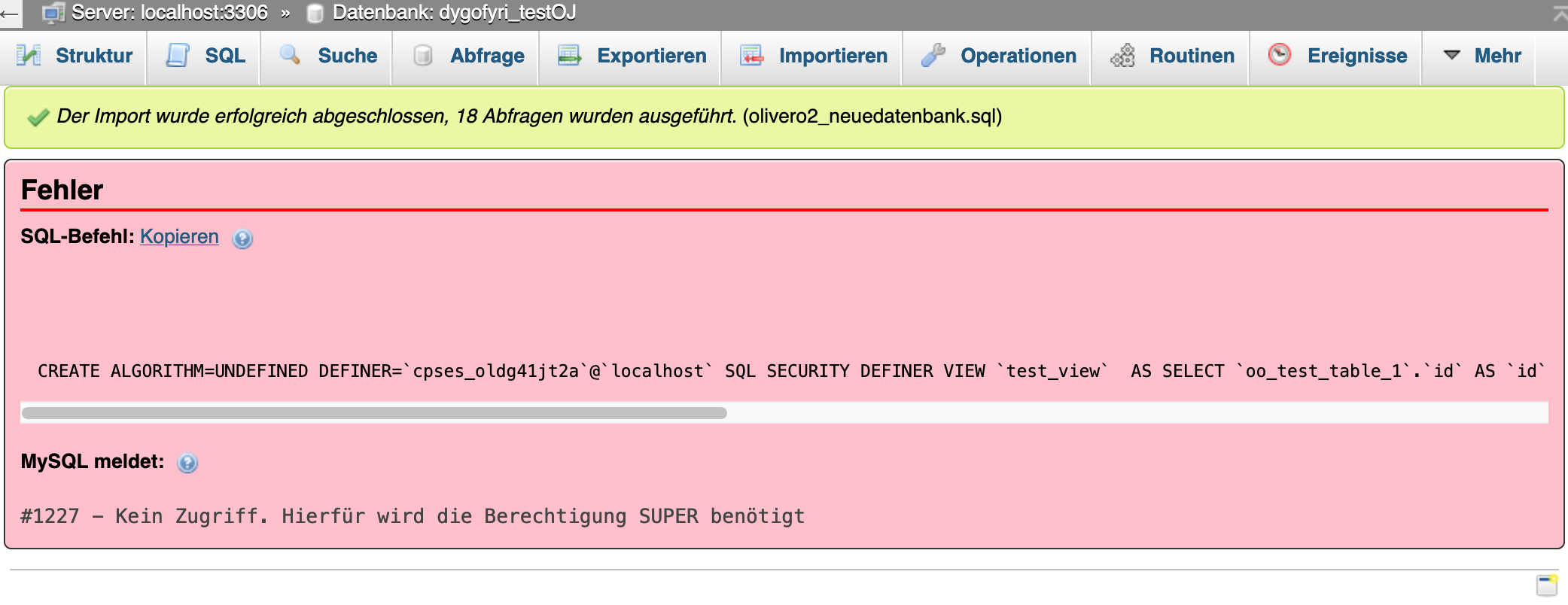 Fehlermeldung bei fehlender SUPER-Berechtigung