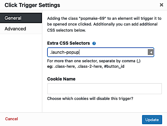 Popup Maker Click Trigger Settings Extra Css