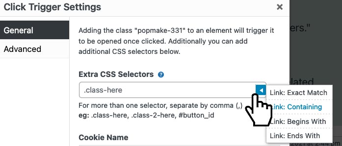 Popup Maker Trigger Settings Link Selector Options