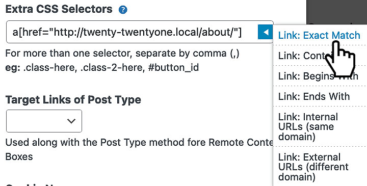 Extra Css Selectors Setting Using Link: Exact Match