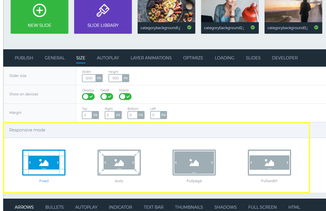 Slider settings Slider size Responsive mode Fixed Smart Slider 3