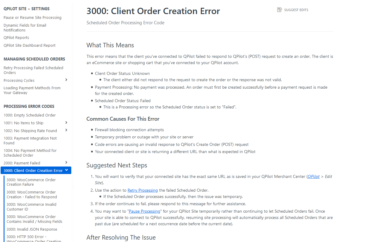 Example of Documentation for a 3000 processing error (Client Order Creation Error) 