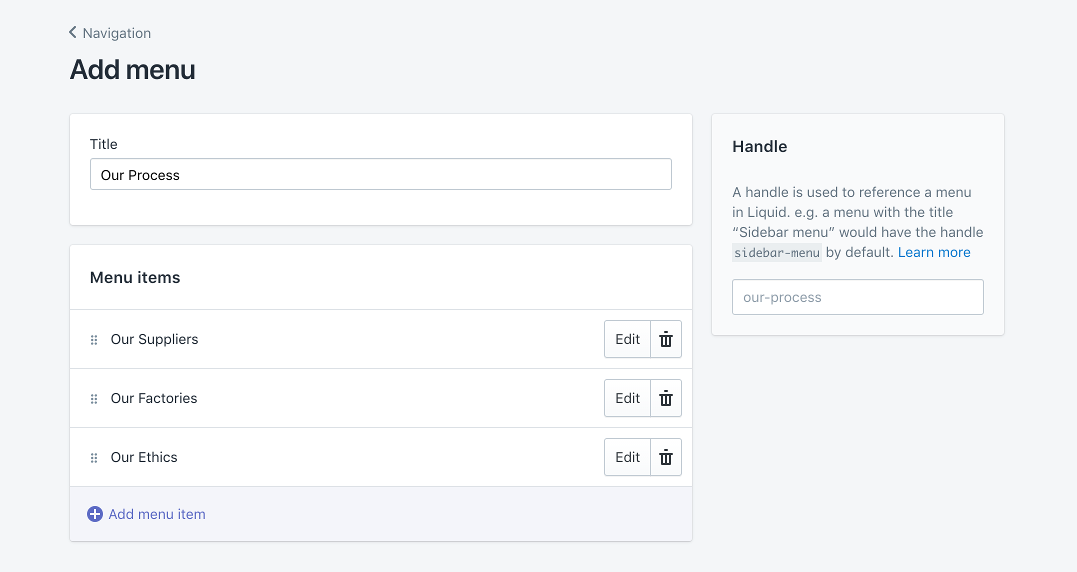 Menu in Navigation Settings