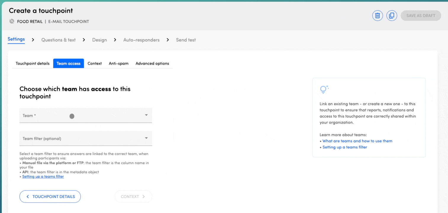 Touchpoint wizard - Settings: Team access