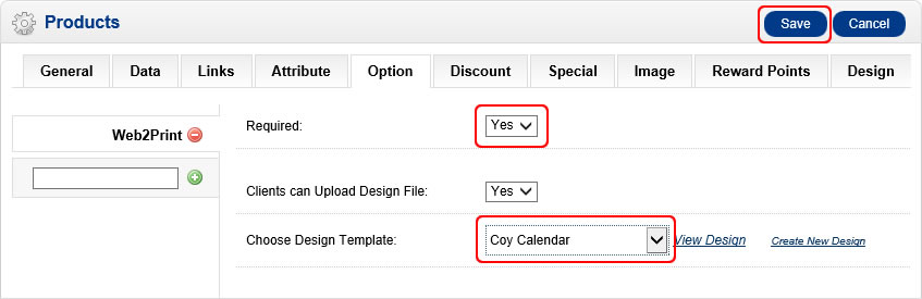 Assigning a Web2Print design option to an OpenCart product