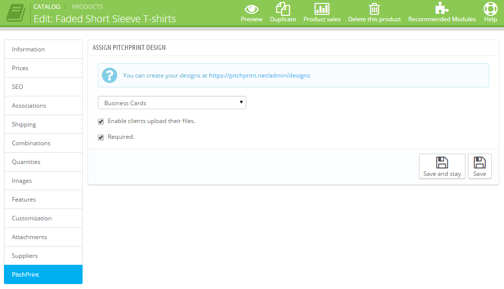Assigning a PitchPrint design to a PrestaShop product