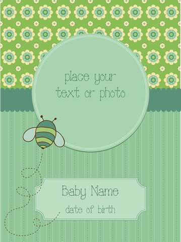 Finished baby arrival card with a circular photo mask, bee graphic and the baby's name and date of birth