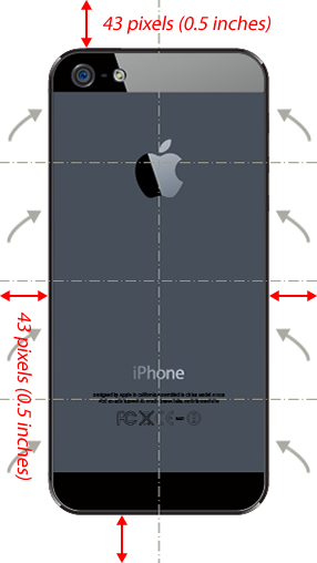 Exported PNG template with the iPhone centred on a transparent padded canvas with arrows and centre lines
