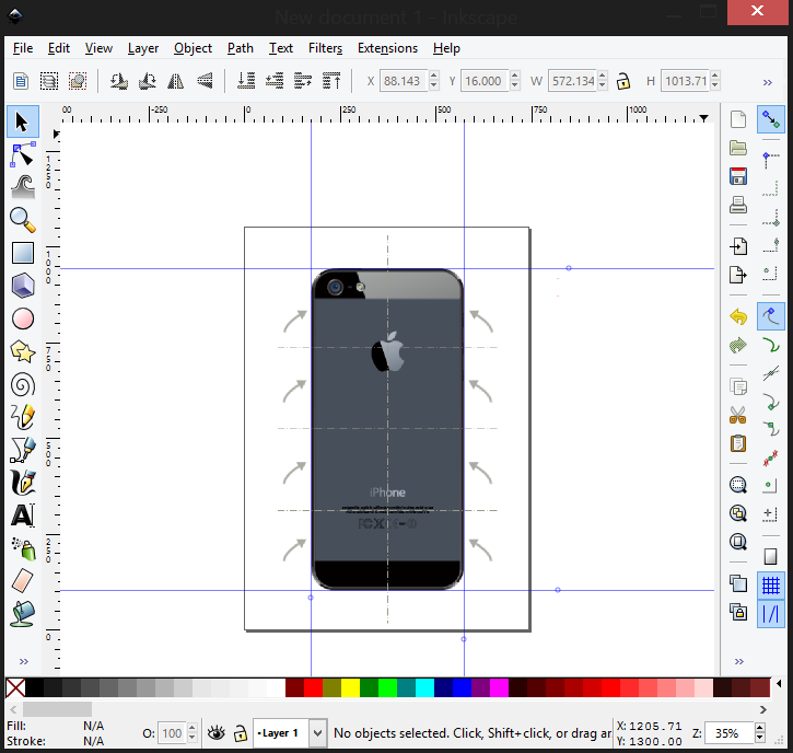 Inkscape canvas with four guide lines dragged to the edges of the iPhone image