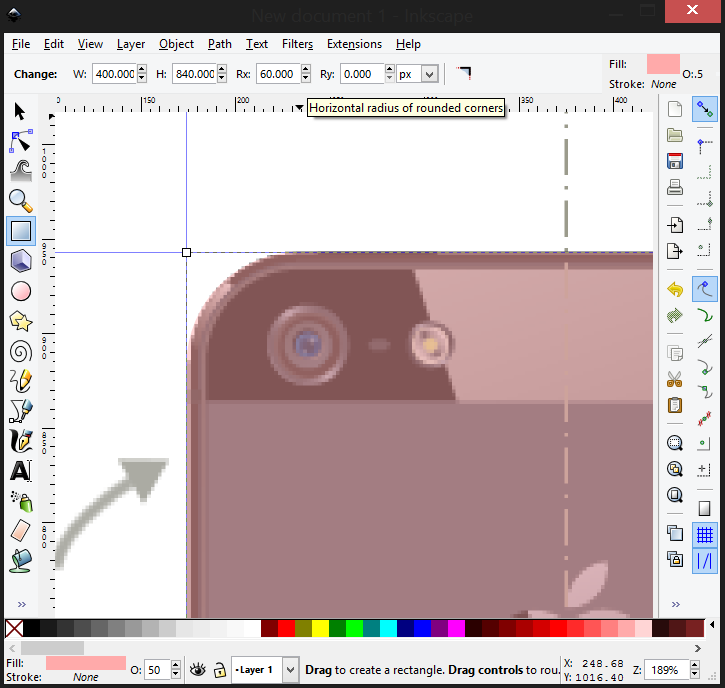 Rounded rectangle drawn over the iPhone shape using the guides