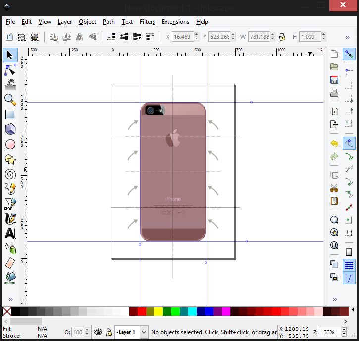 Bezier lines drawn along the centre and the upper and lower guides of the rectangle