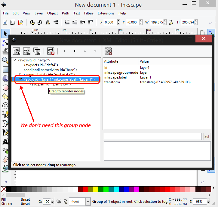 Inkscape XML editor showing the path nested inside an svg:g group node