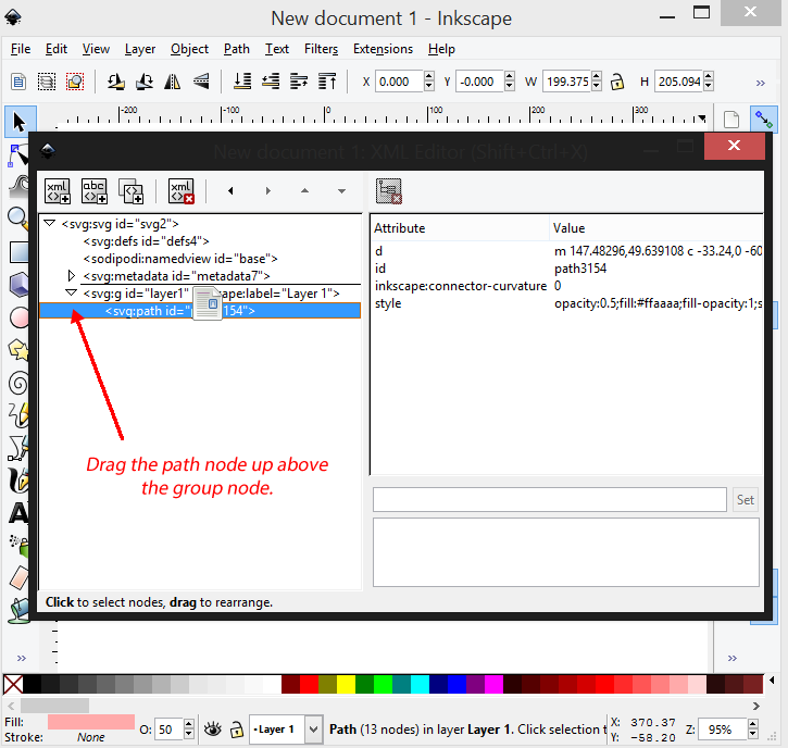 Path node dragged above the group node in the XML editor