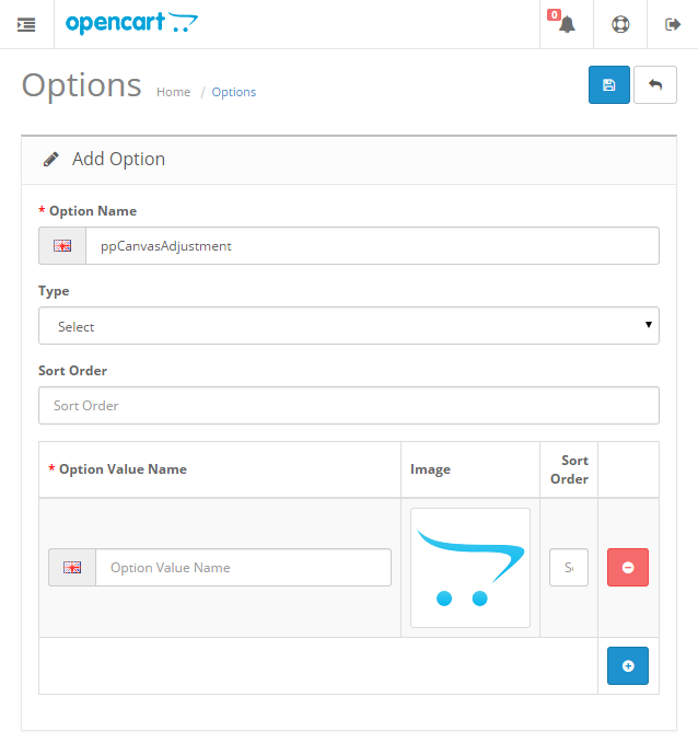 OpenCart option configuration page with the option name ppCanvasAdjustment and type Select