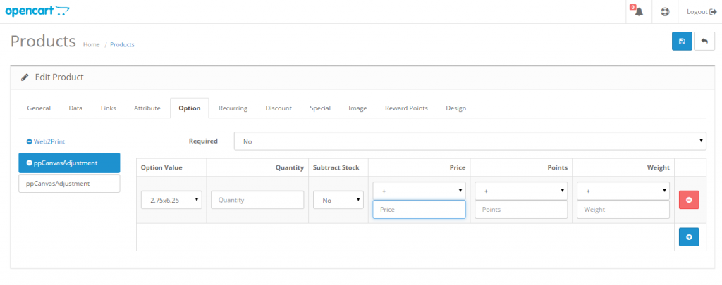 Product Option tab in OpenCart with the ppCanvasAdjustment option added