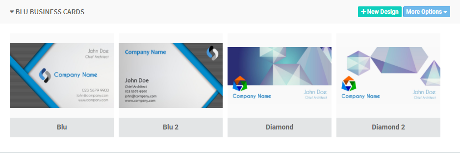 Design category titled Blue Business Cards holding four designs
