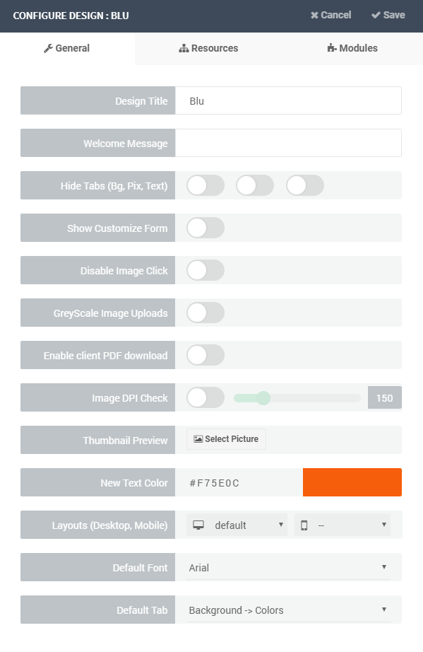 Configuration panel that opens after clicking the configure icon on a design