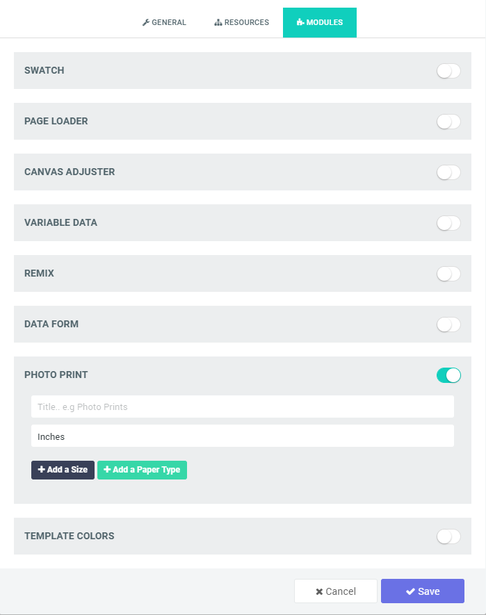 Photo Print module listed in the Modules tab of the design configuration panel