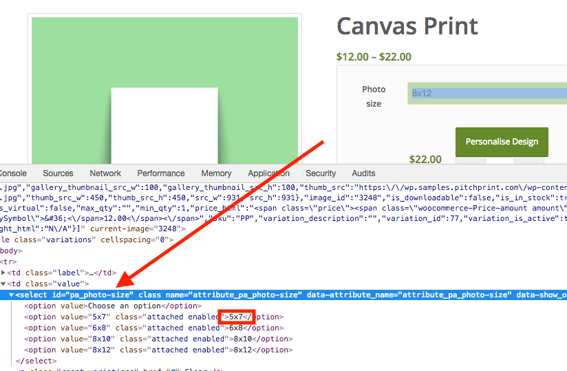 Variation element selector field holding the jQuery id or class of the size selector