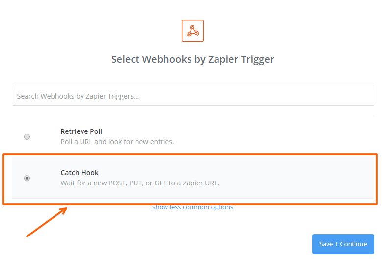Catch Hook selected as the webhook trigger, with the Save + Continue button
