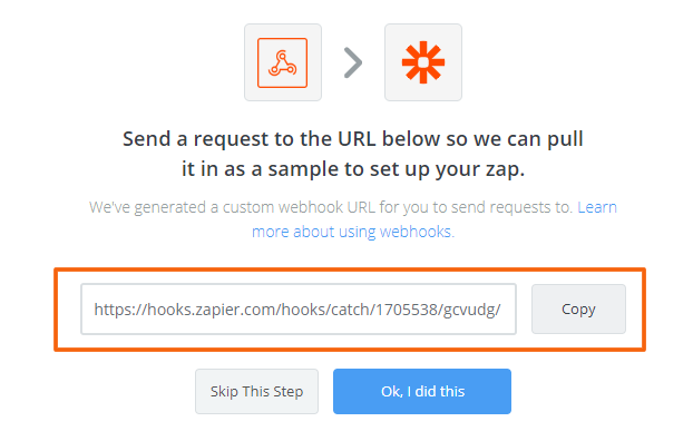 Zapier screen showing the generated webhook URL alongside a Copy button