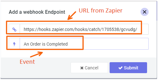 Webhook endpoint dialog with the Zapier URL pasted and the An Order is Completed event selected