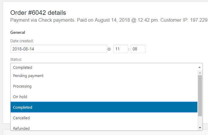 Store order screen with its status being changed back to completed